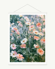 Blush Wildflowers in the Breeze, complete art print with a white paper border and included white cylindrical hanging rods.