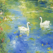 Close detail of the printed image in Two White Birds on Green Water.