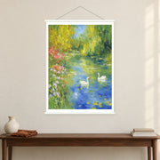 Two White Birds on Green Water, shown as a complete bordered art print with white hanging rods above a console in a closer room view.
