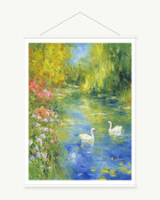 Two White Birds on Green Water, complete art print with a white paper border and included white cylindrical hanging rods.