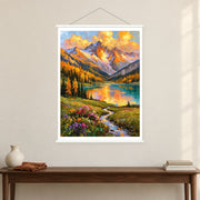 Autumn Lake and Winding Brook, shown as a complete bordered art print with white hanging rods above a console in a closer room view.