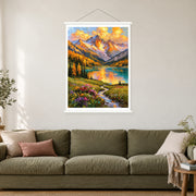 Autumn Lake and Winding Brook, shown as a complete bordered art print with white hanging rods above a sofa in a living room.