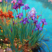 Close detail of the printed image in Purple Irises Along Blue Water.