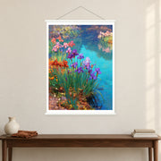 Purple Irises Along Blue Water, shown as a complete bordered art print with white hanging rods above a console in a closer room view.