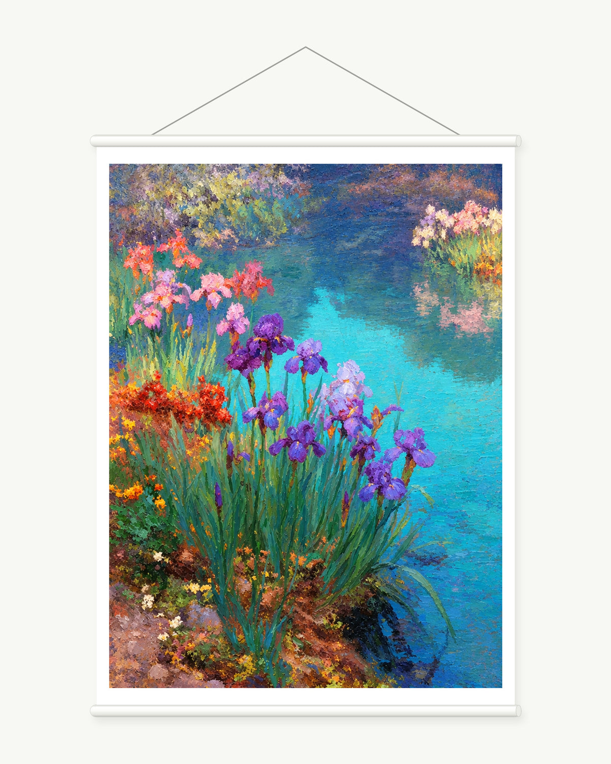 Purple Irises Along Blue Water, complete art print with a white paper border and included white cylindrical hanging rods.
