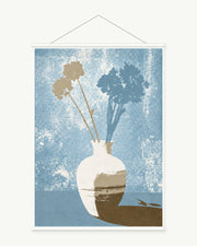 Pale Blue Vase art print with included white cylindrical hanging rods
