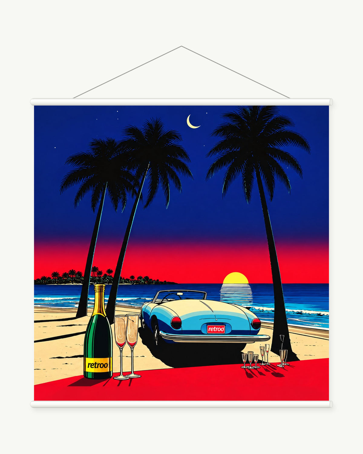 Palm Coast After Dark art print with included white cylindrical hanging rods