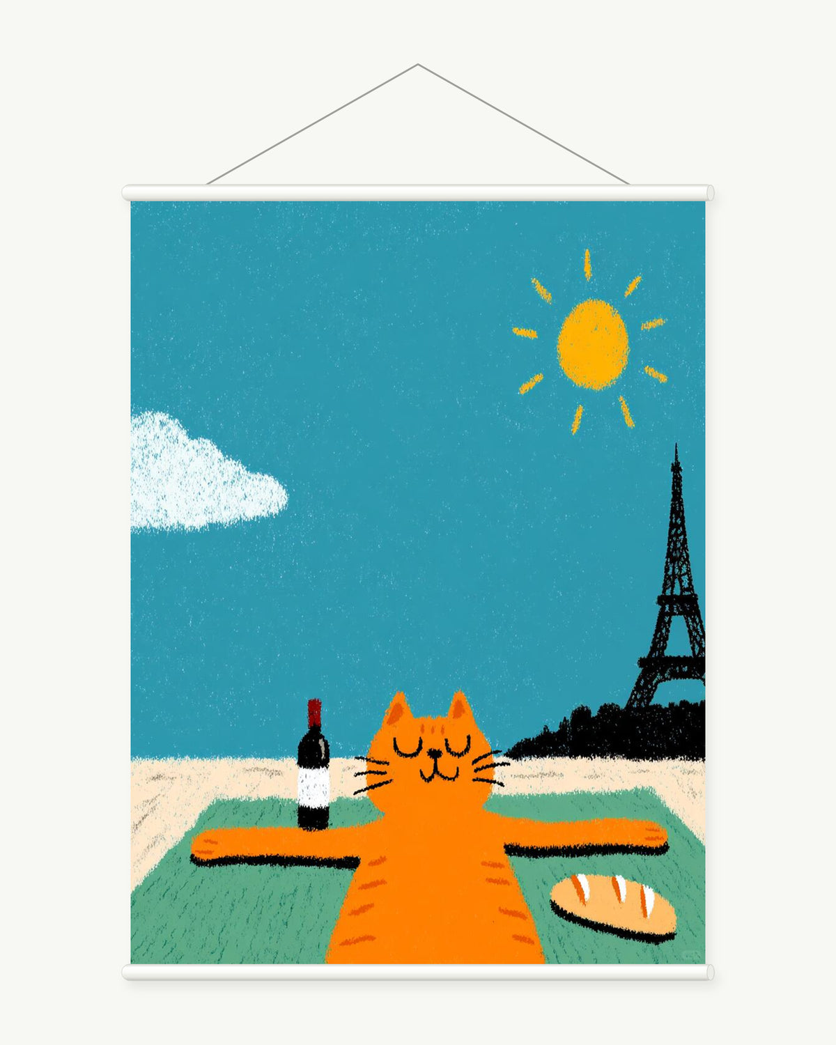 Paris Picnic Cat art print with included white cylindrical hanging rods