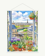 Paris Window in Bloom art print with included white cylindrical hanging rods