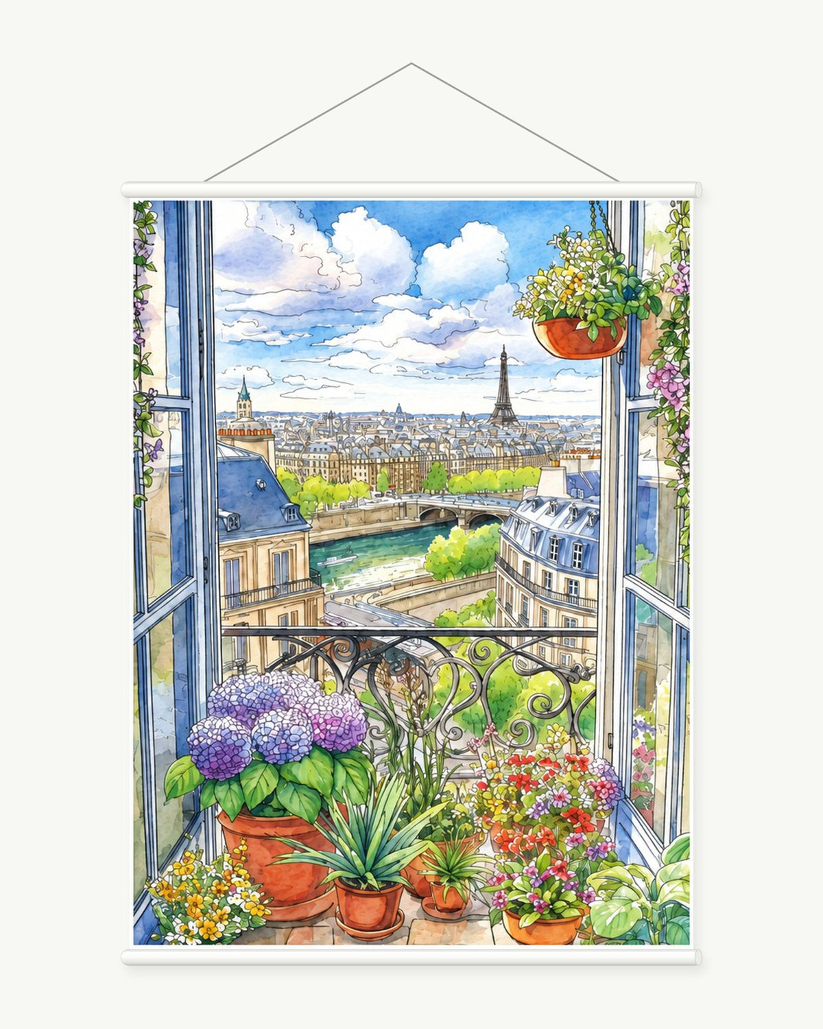 Paris Window in Bloom art print with included white cylindrical hanging rods