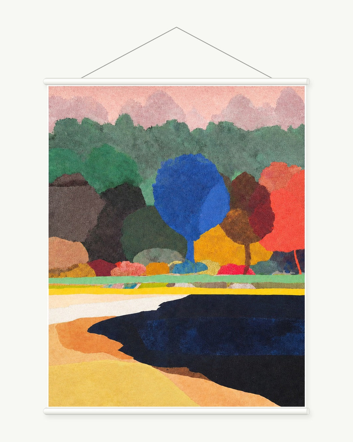 Patchwork Fields art print with included white cylindrical hanging rods