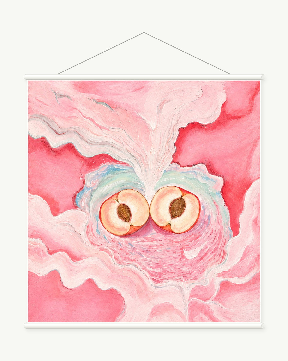Peach Cloud art print with included white cylindrical hanging rods