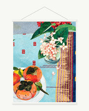 Persimmon Pattern art print with included white cylindrical hanging rods