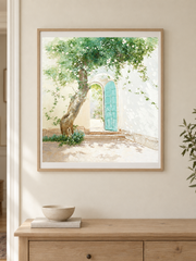 Blue Door Under Vines — close interior styling with an optional frame