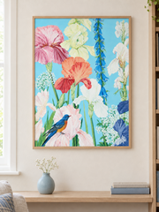 Irises Under Blue Skies — close interior styling with an optional frame