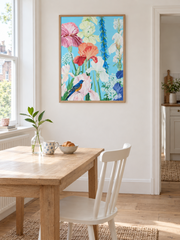 Irises Under Blue Skies — styled room view with an optional frame