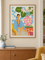 Woman Among Garden Blooms — close interior styling with an optional frame