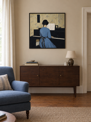 Woman at the Piano — styled room view with an optional frame