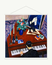 Piano After Dark art print with included white cylindrical hanging rods