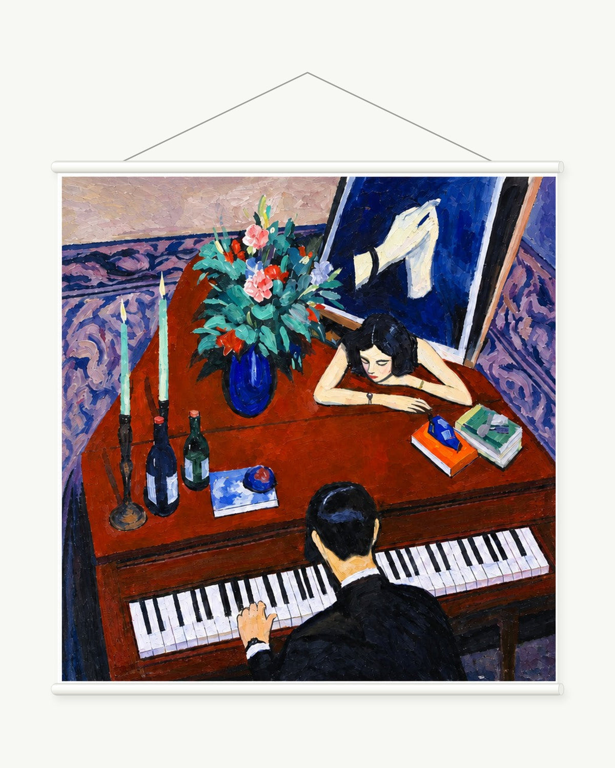Piano After Dark art print with included white cylindrical hanging rods