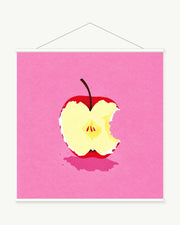 Pink Apple Bite art print with included white cylindrical hanging rods