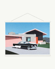 Pink House and Vintage Car art print with included white cylindrical hanging rods