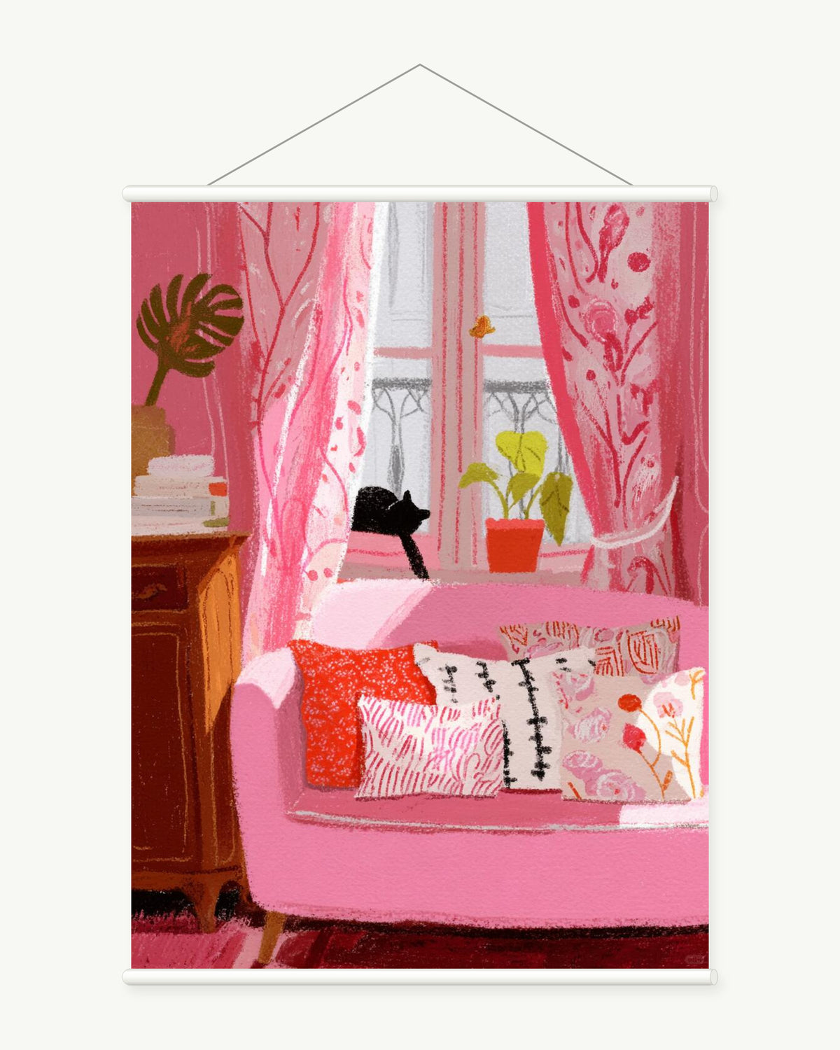 Pink Sofa Retreat art print with included white cylindrical hanging rods