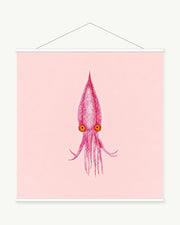 Pink Squid Study art print with included white cylindrical hanging rods