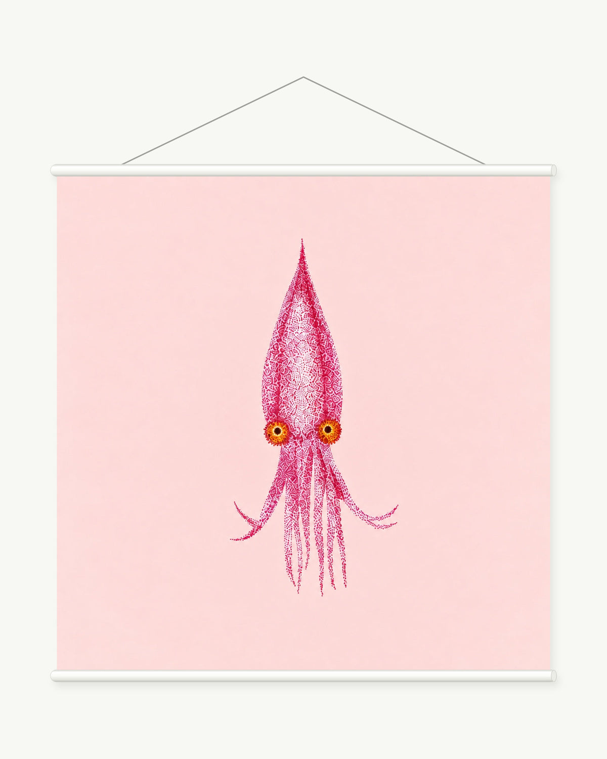 Pink Squid Study art print with included white cylindrical hanging rods