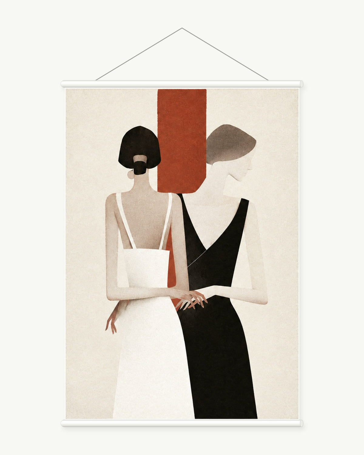Poised in Monochrome art print with included white cylindrical hanging rods
