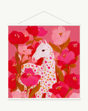 Poppy Meadow Horse art print with included white cylindrical hanging rods