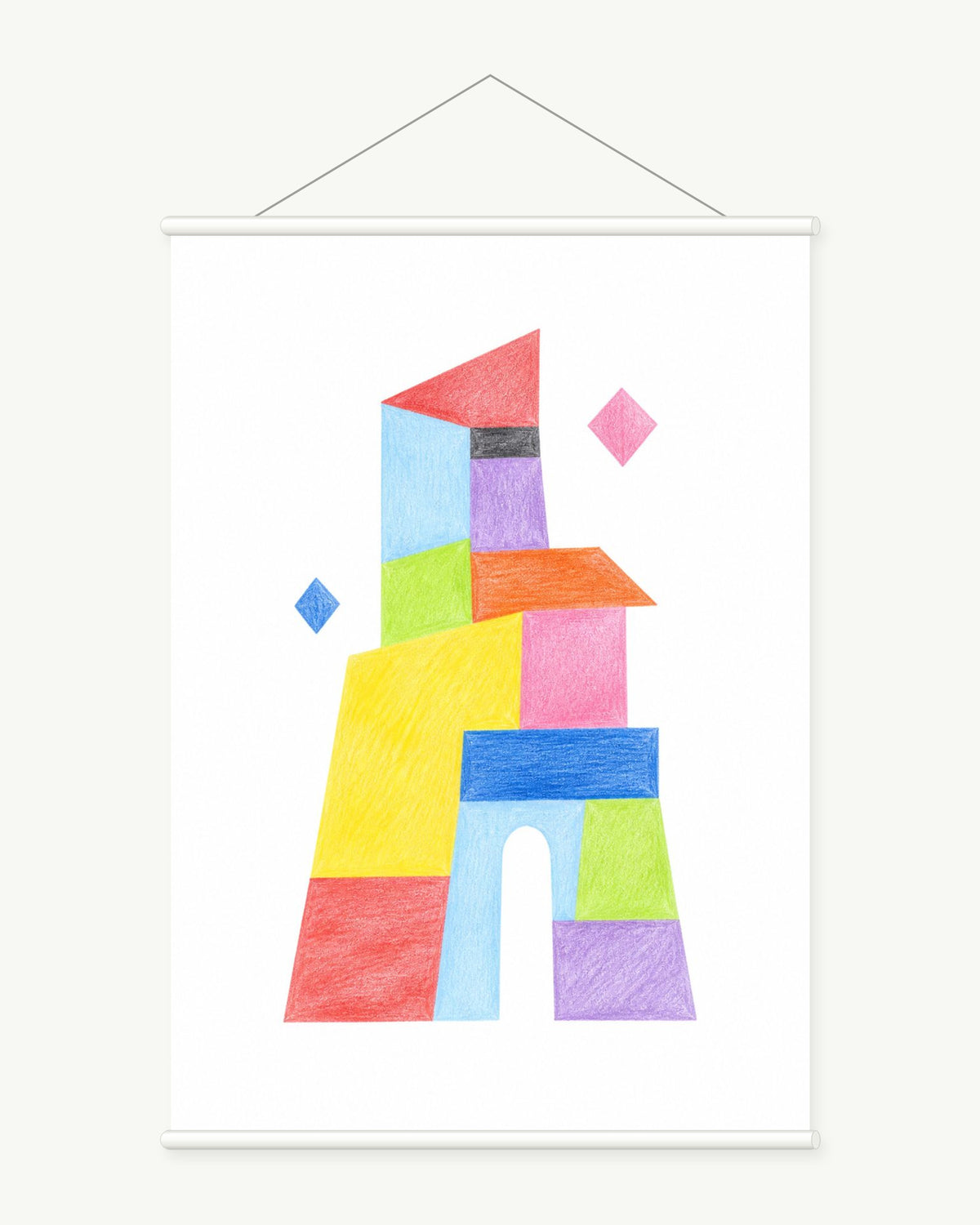 Prism House art print with included white cylindrical hanging rods