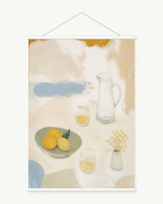 Quiet Aperitif art print with included white cylindrical hanging rods