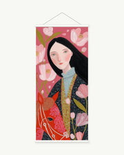 Quiet Blossom Gaze art print with included white cylindrical hanging rods