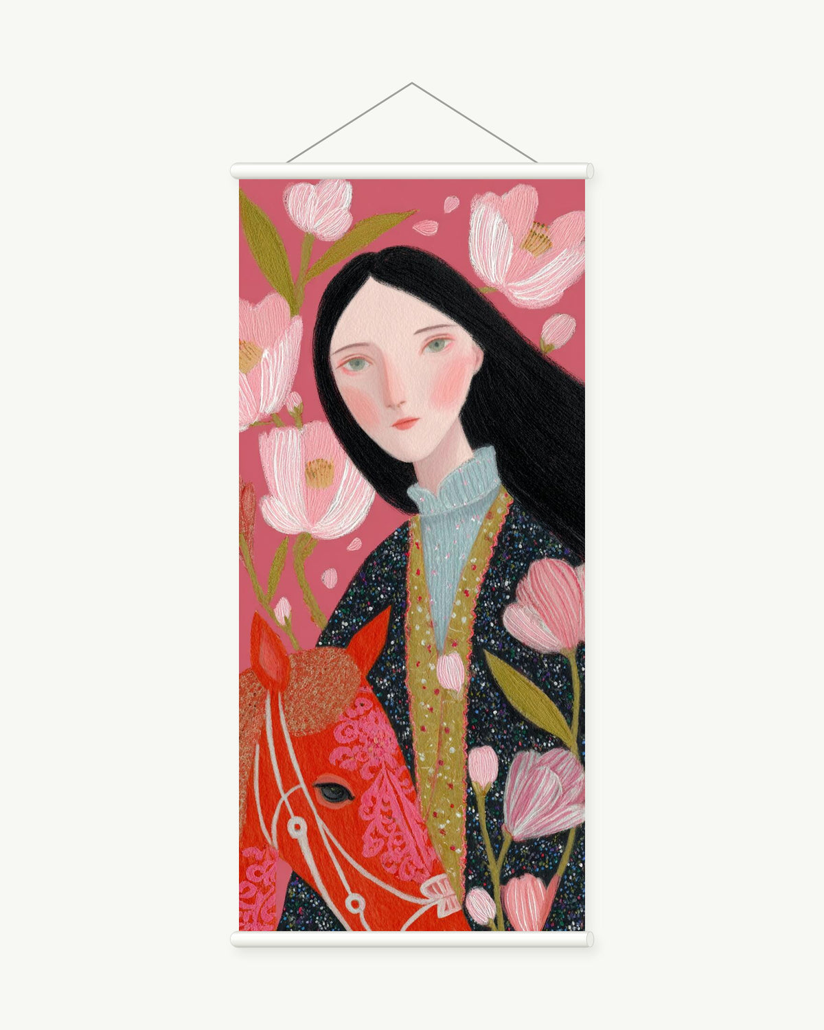 Quiet Blossom Gaze art print with included white cylindrical hanging rods