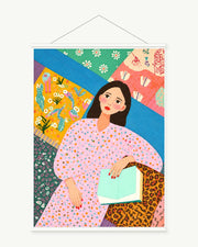 Quiet Reading Hour art print with included white cylindrical hanging rods