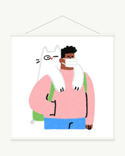 Rabbit on My Shoulder art print with included white cylindrical hanging rods