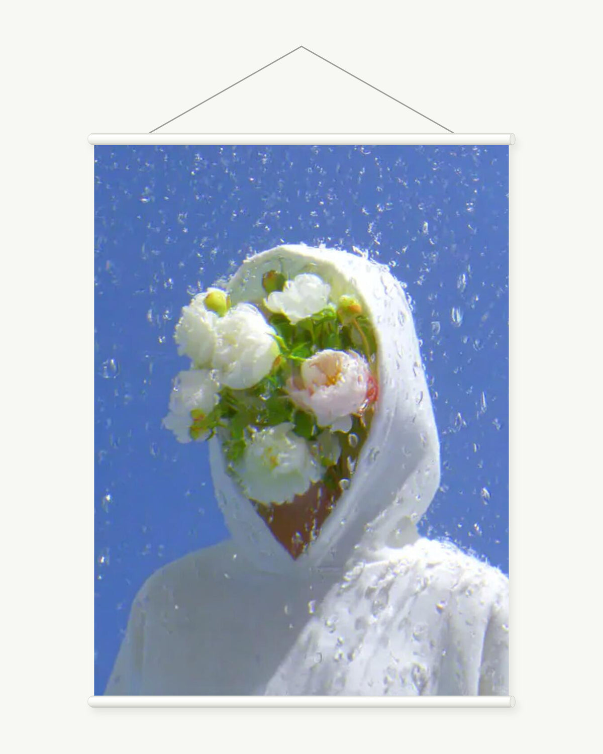 Rainfall Bouquet art print with included white cylindrical hanging rods