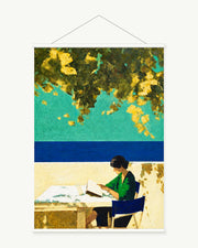 Reader Under Green Shade art print with included white cylindrical hanging rods