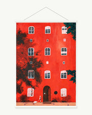 Red House at Noon art print with included white cylindrical hanging rods