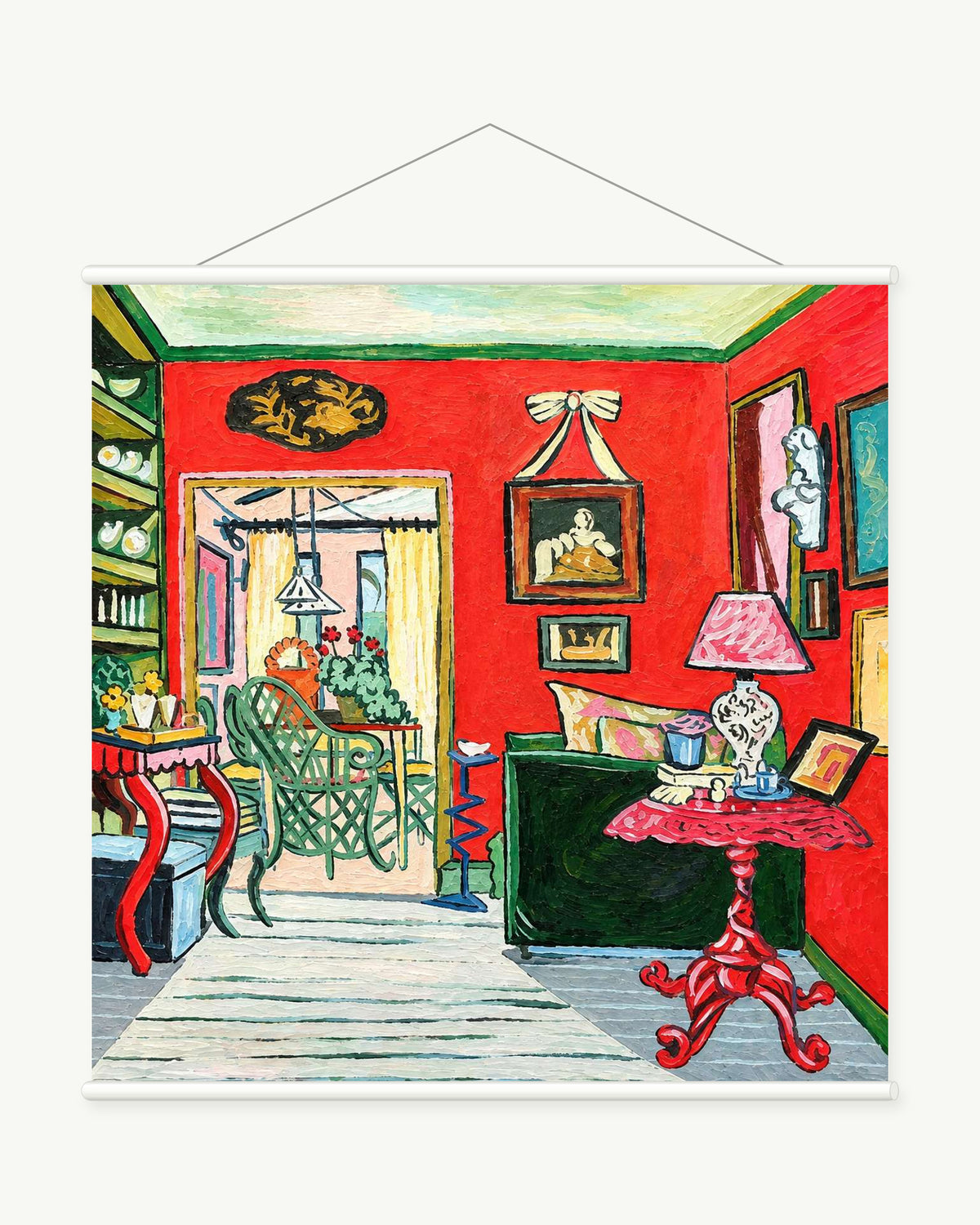 Red Room Stories art print with included white cylindrical hanging rods
