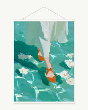 Red Shoes in Water art print with included white cylindrical hanging rods