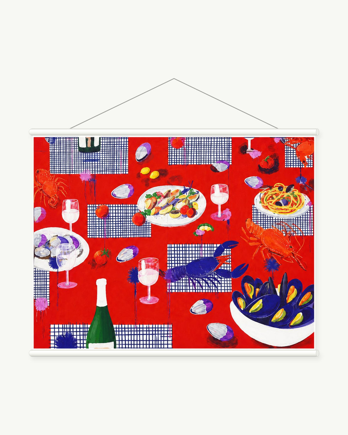 Red Table Gathering art print with included white cylindrical hanging rods