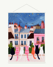 Rooftop Cat Parade art print with included white cylindrical hanging rods