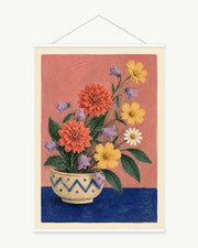 Rose Table Bloom art print with included white cylindrical hanging rods