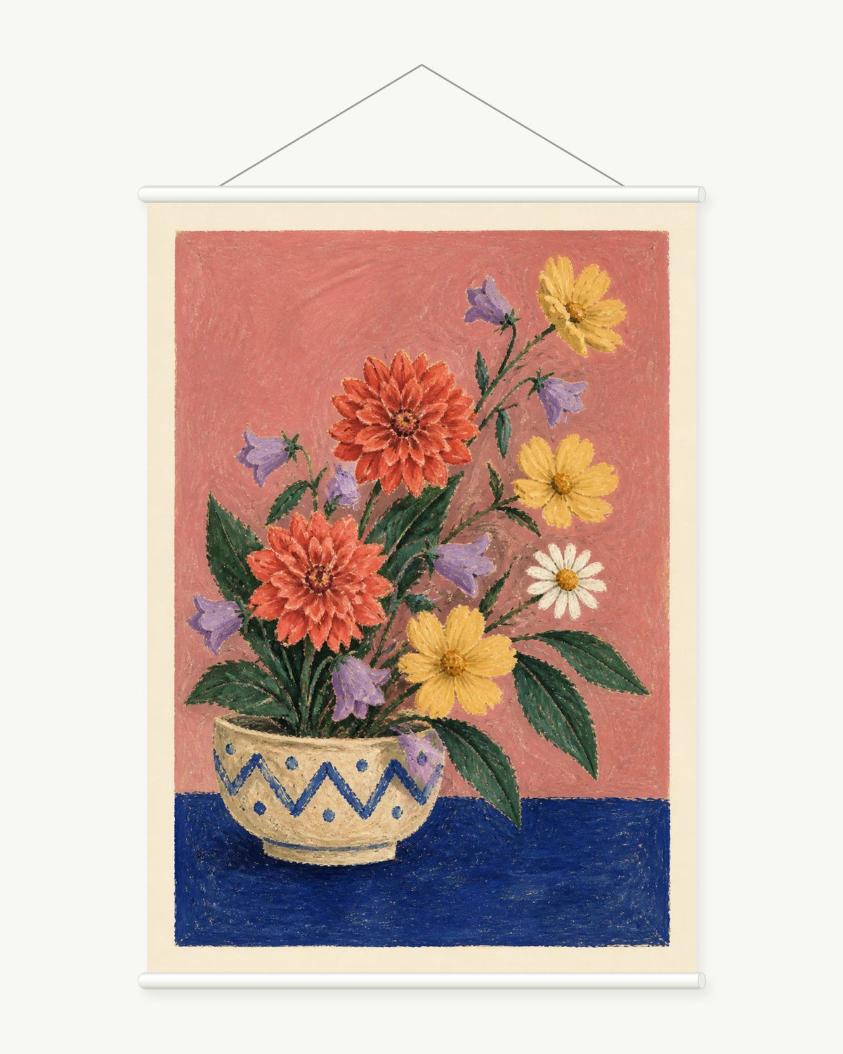 Rose Table Bloom art print with included white cylindrical hanging rods