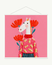 Scarlet Bloom Horse art print with included white cylindrical hanging rods