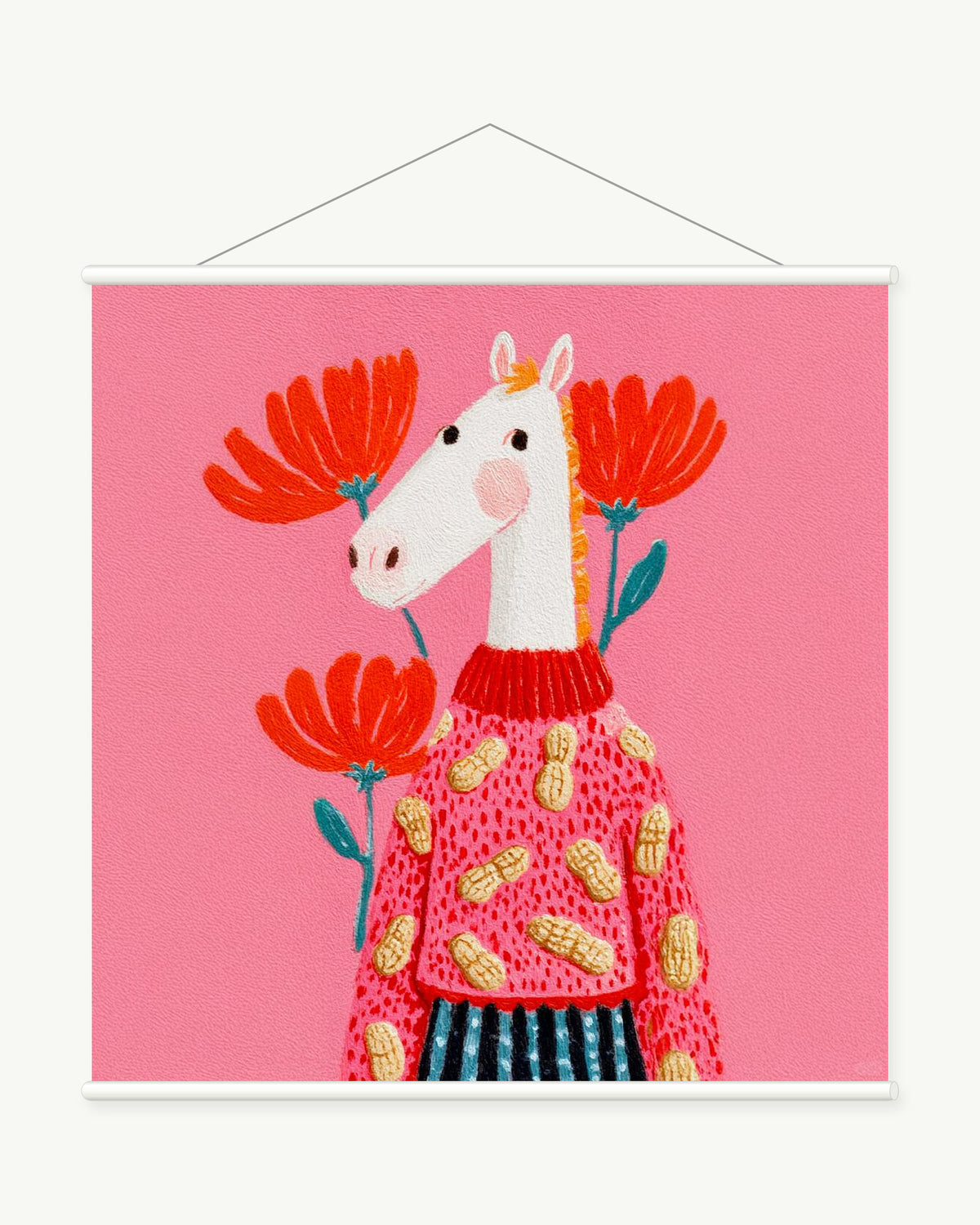 Scarlet Bloom Horse art print with included white cylindrical hanging rods