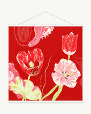 Scarlet Botanicals art print with included white cylindrical hanging rods