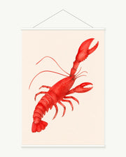 Scarlet Lobster art print with included white cylindrical hanging rods